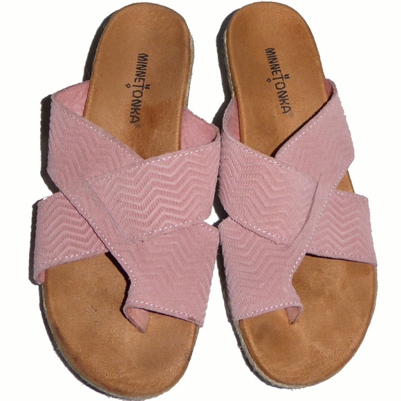 WOMENS MINNETONKA PINK LEATHER WEDGE SANDALS 2" THONG BRAIDED SHOES SIZE 8M 8 - Picture 2 of 5